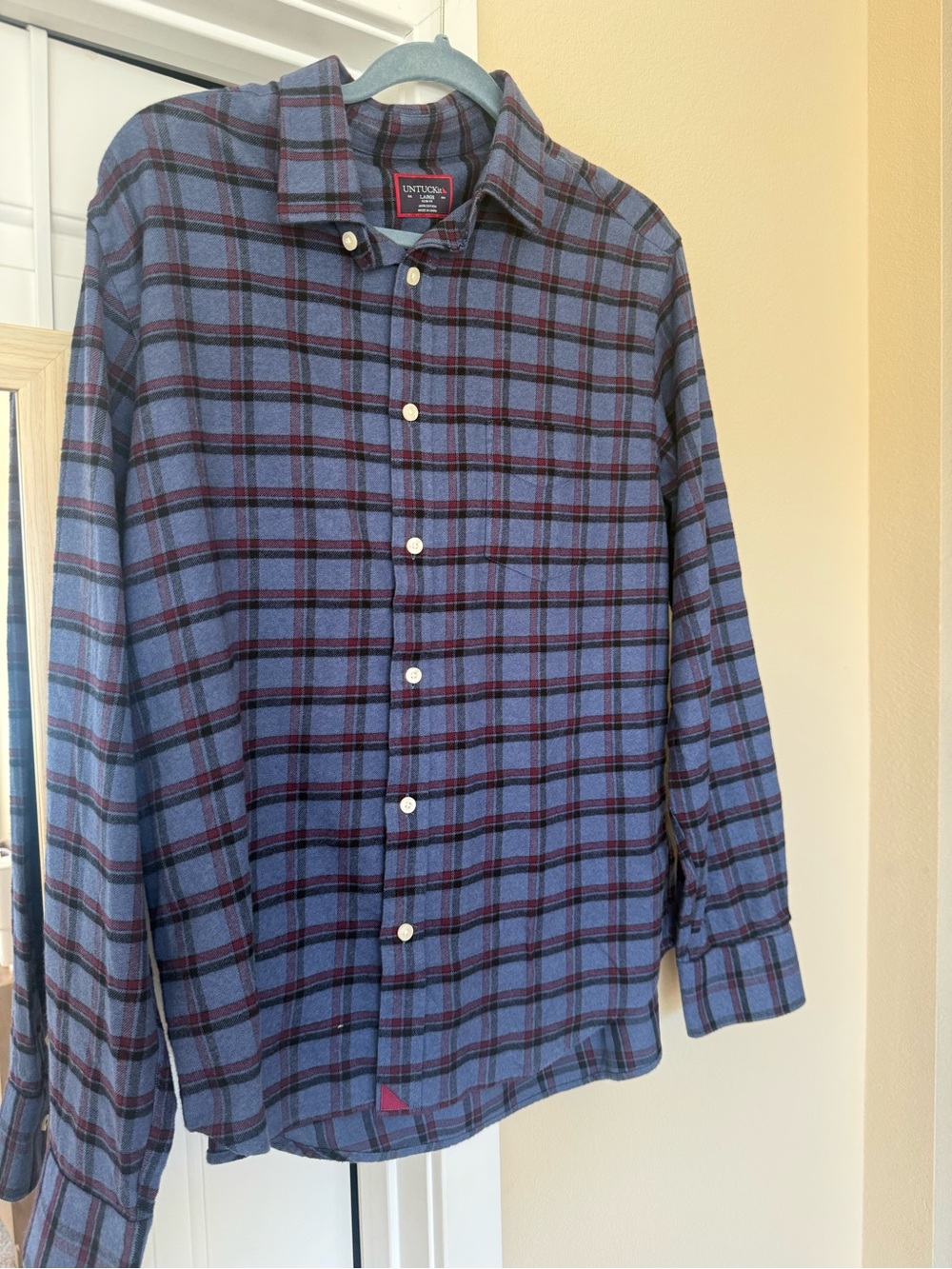 UNTUCKit Men's Blue and Black Plaid Button-Down Shirt with Red Accent
